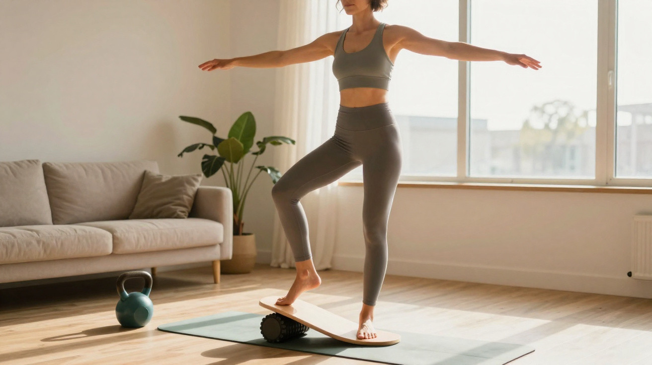 Pessoa equilibrando-se em prancha de equilíbrio dentro de sala com janela, sofá, planta e kettlebell ao lado.