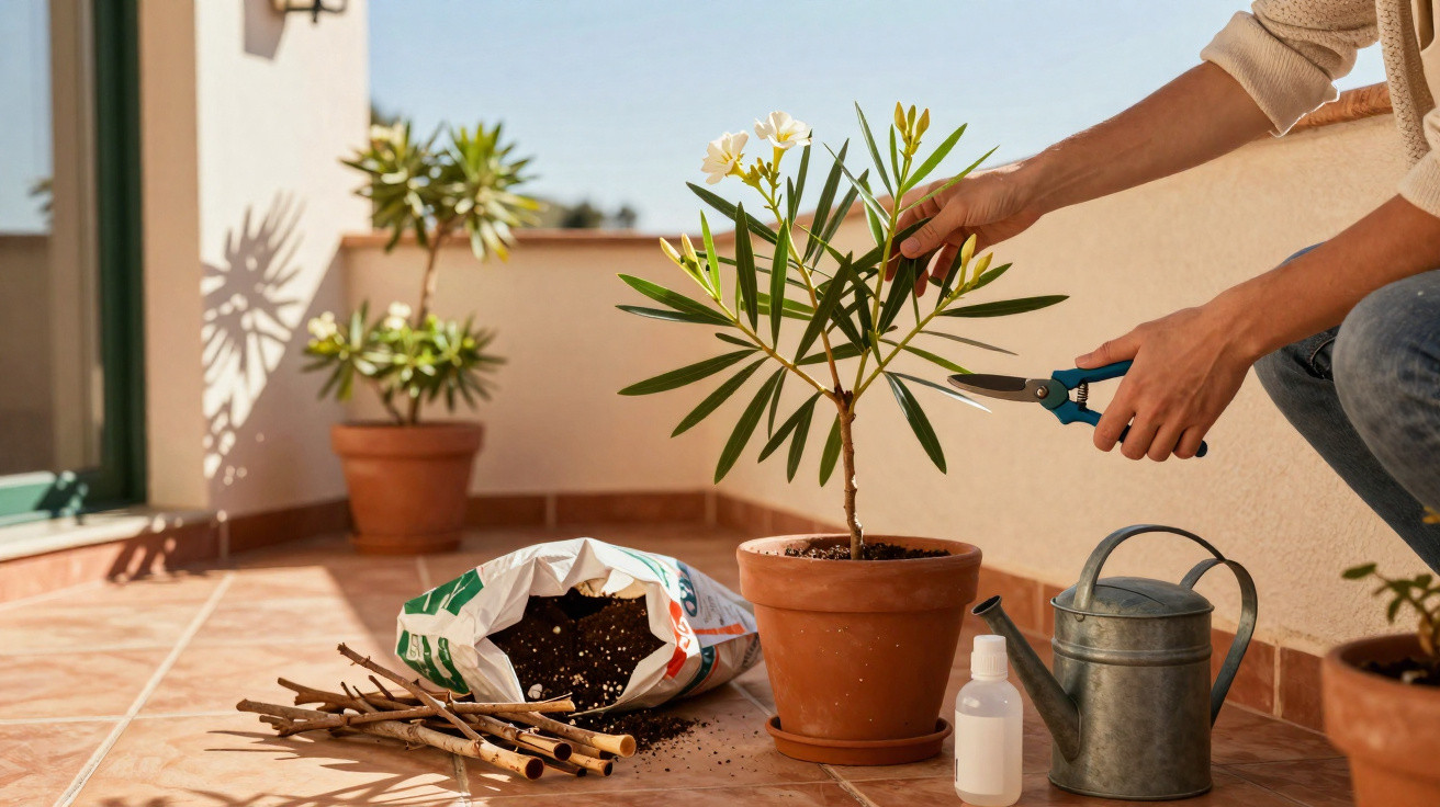 Pessoa cuidando de plantas em vaso com tesoura de poda em varanda ensolarada.