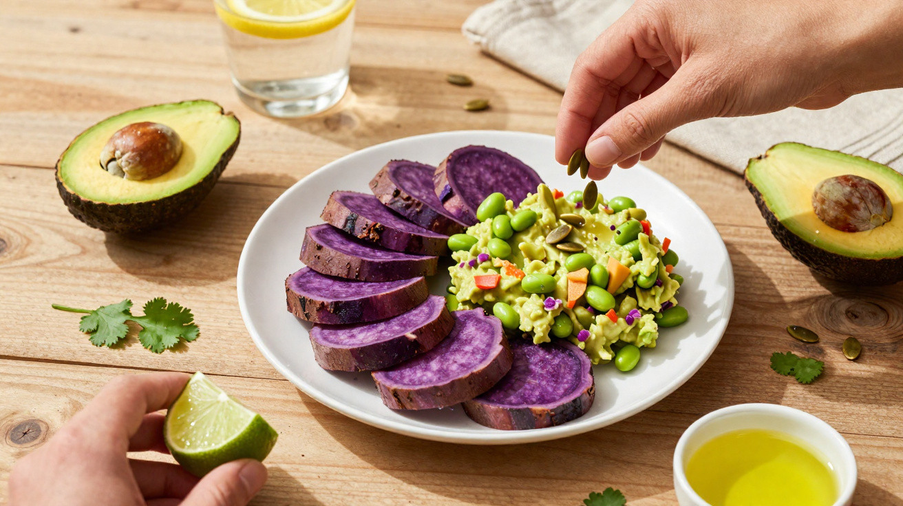 Prato com batata doce roxa e guacamole decorado com sementes, mãos adicionando ingredientes, abacates e limão ao redor.