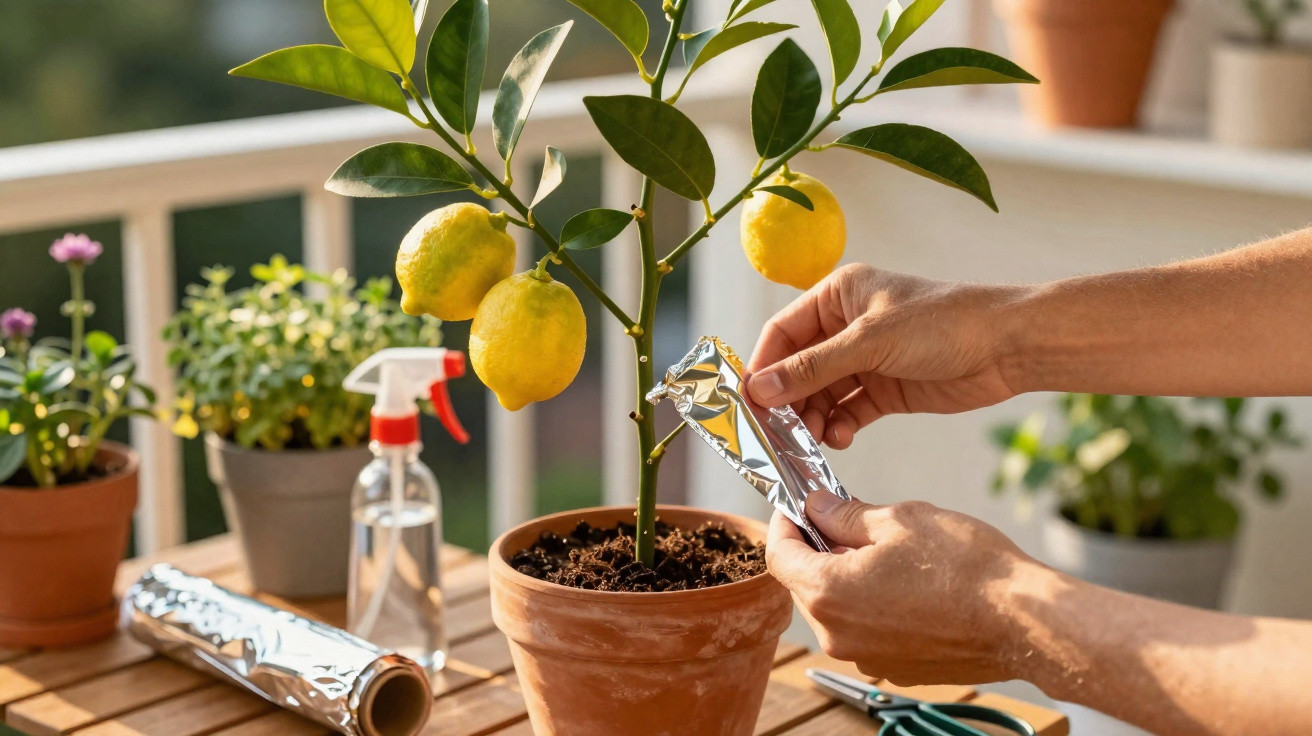 Pessoa envolvendo ramo de árvore de limão em alumínio em varanda com plantas em vasos ao fundo.