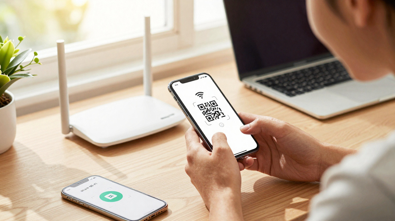 Pessoa segurando celular com código QR na tela para conectar a rede Wi-Fi, com roteador e notebook ao fundo.