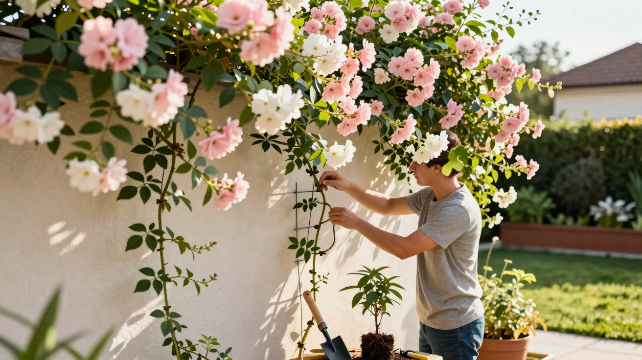 Homem cuidando de rosas cor-de-rosa e branca em uma parede de jardim ensolarado.