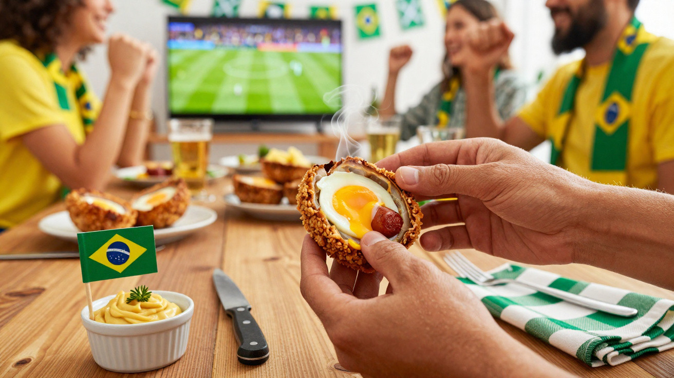 Pessoas vestidas com camisas do Brasil assistem jogo de futebol enquanto comem coxinha com ovo e linguiça.