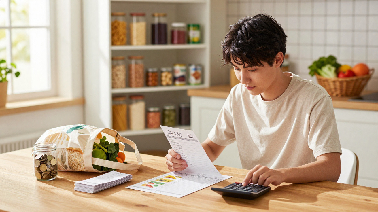 Pessoa jovem calculando despesas em uma mesa com saco de compras, cadernos e pote de moedas.
