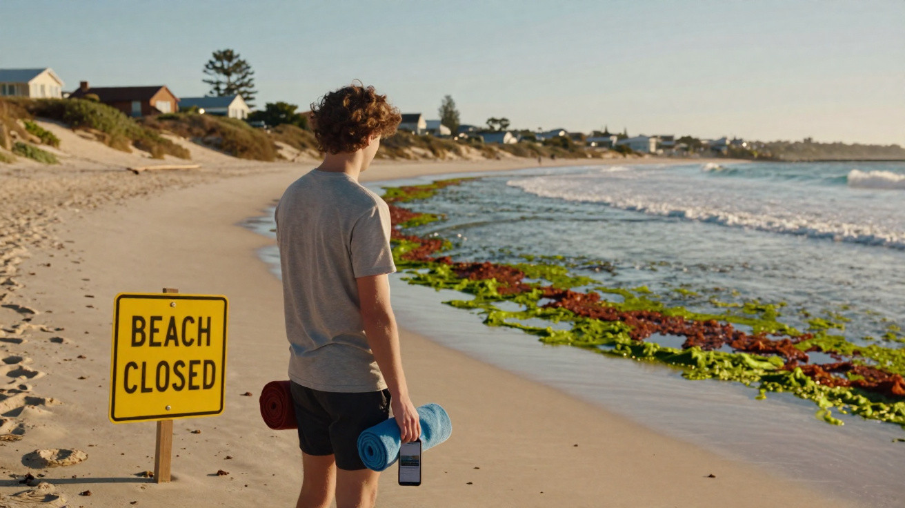 Jovem olhando para a praia com placa de "praia fechada" e algas à beira-mar ao pôr do sol.