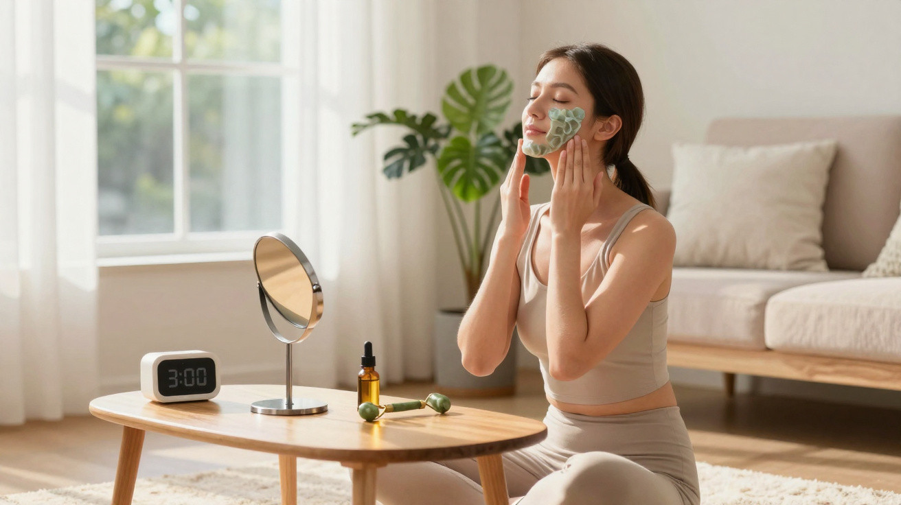 Mulher aplicando máscara facial com bola de massagem verde em ambiente claro e aconchegante.