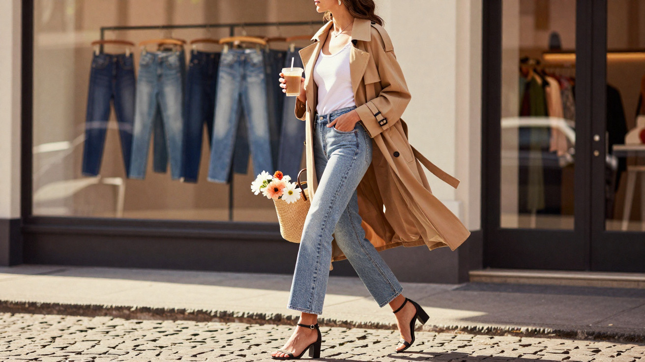 Mulher caminhando com trench coat bege, jeans azul, sandálias pretas, bolsa de palha com flores e café na mão.