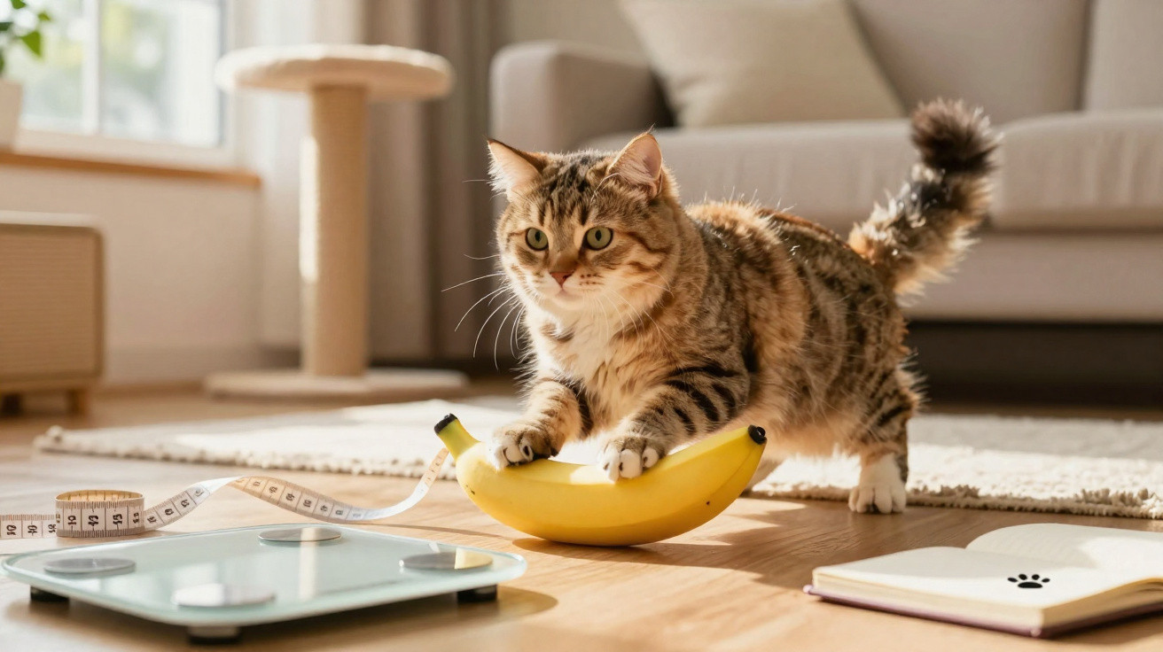 Gato com patas sobre banana em sala, perto de balança, fita métrica e caderno aberto no chão.