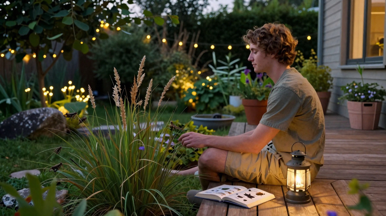 Jovem sentado no jardim à noite observando plantas, com lanterna acesa e livro aberto ao lado.