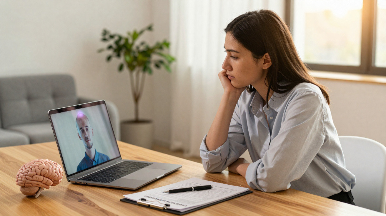 Mulher observando homem em chamada de vídeo em laptop com modelos de cérebro e formulário na mesa.