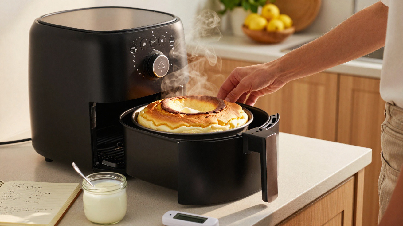 Pessoa retirando bolo quente e com vapor de fritadeira elétrica preta em bancada de cozinha.