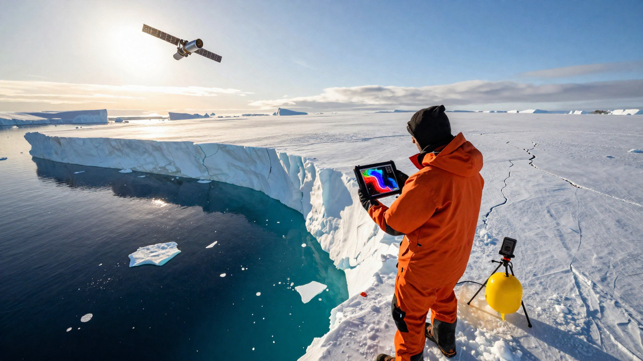 Pesquisador com traje laranja analisa dados em tablet perto de geleira no Ártico, com satélite sobrevoando.