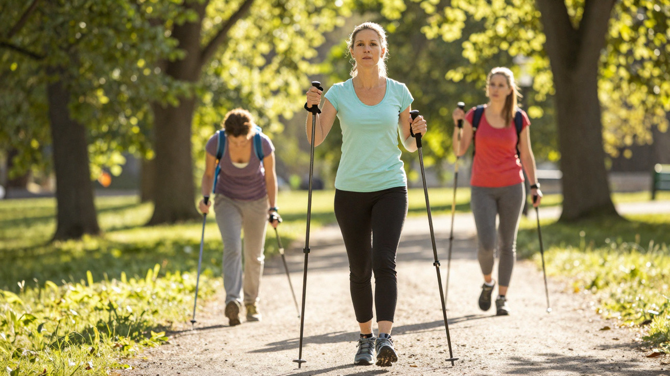 Três mulheres caminhando com bastões de caminhada em parque ensolarado, cercado por árvores verdes.