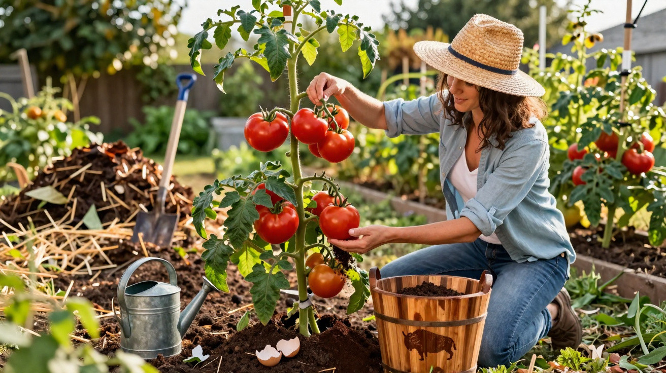 Mulher com chapéu cuidando e colhendo tomates vermelhos em uma horta ensolarada.