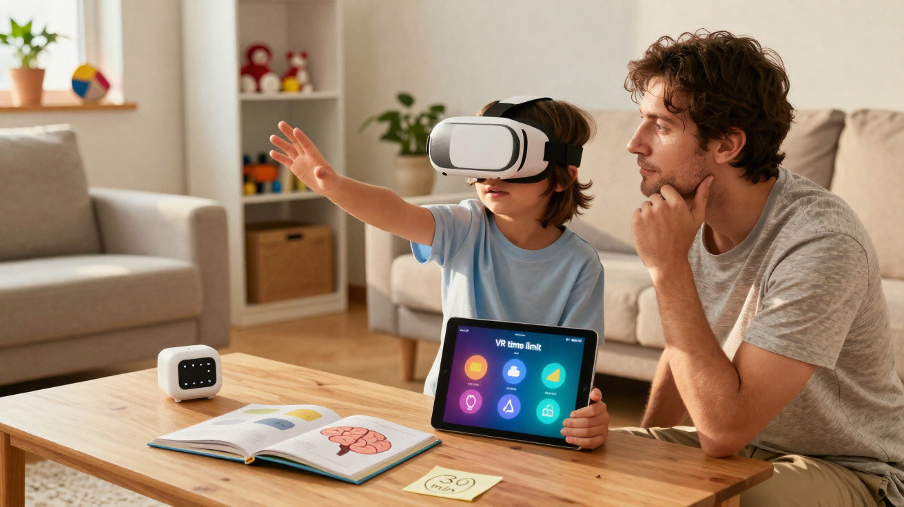 Criança usando óculos de realidade virtual com tablet na mão, assistida por adulto em sala de estar.