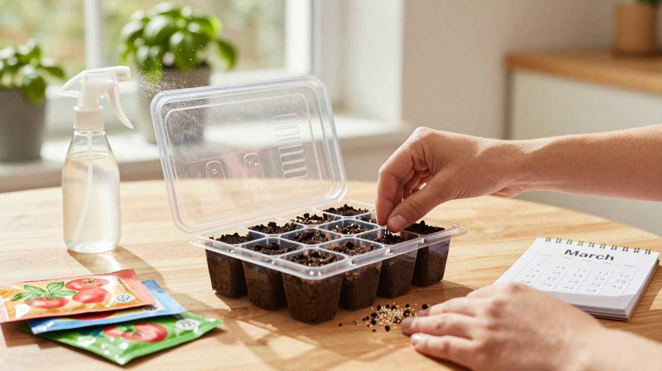 Mãos plantando sementes em bandeja com terra, próximo a pacotes de sementes, borrifador e calendário.