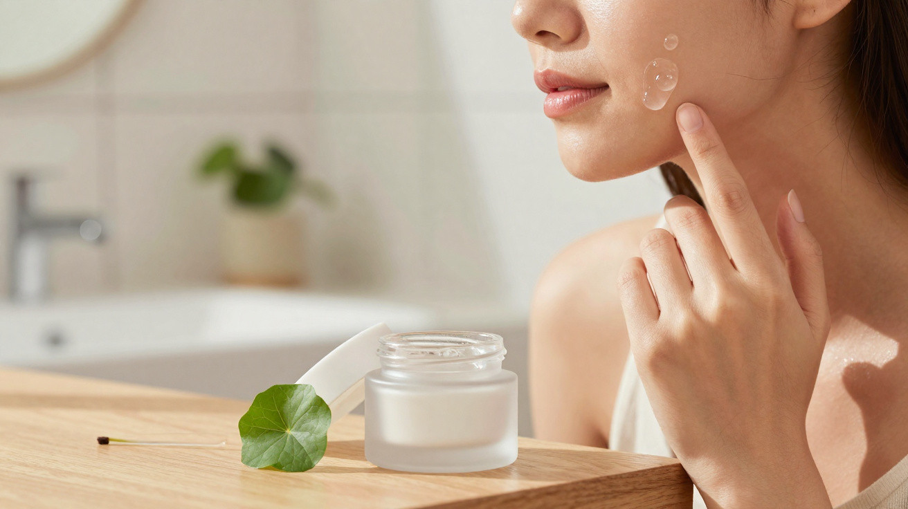 Mulher aplicando creme facial transparente no rosto, próximo a planta e pote de vidro.