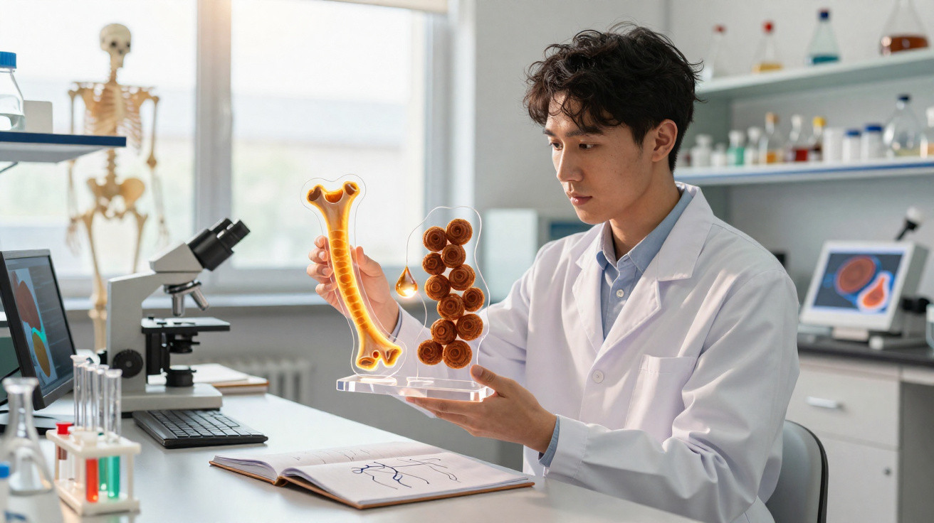 Pesquisador em laboratório analisando hologramas de osso e células, com microscópio e esqueleto ao fundo.
