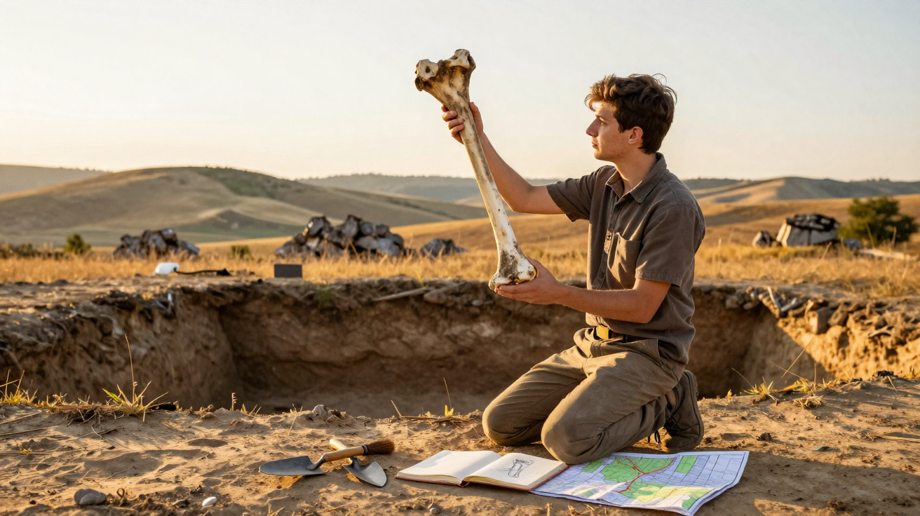 Jovem arqueólogo examina osso grande em escavação arqueológica ao pôr do sol em área rural.