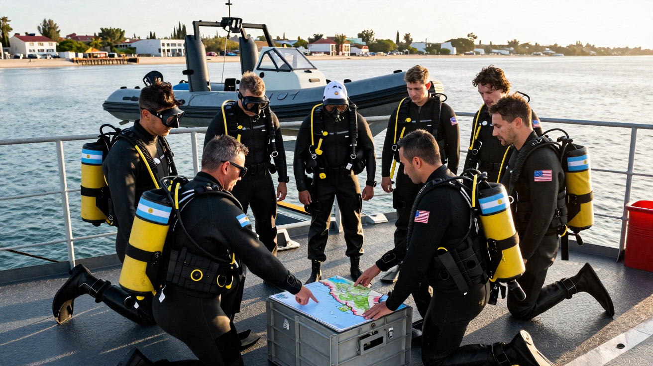 Grupo de mergulhadores em trajes de neoprene preparando plano em um barco próximo à costa.