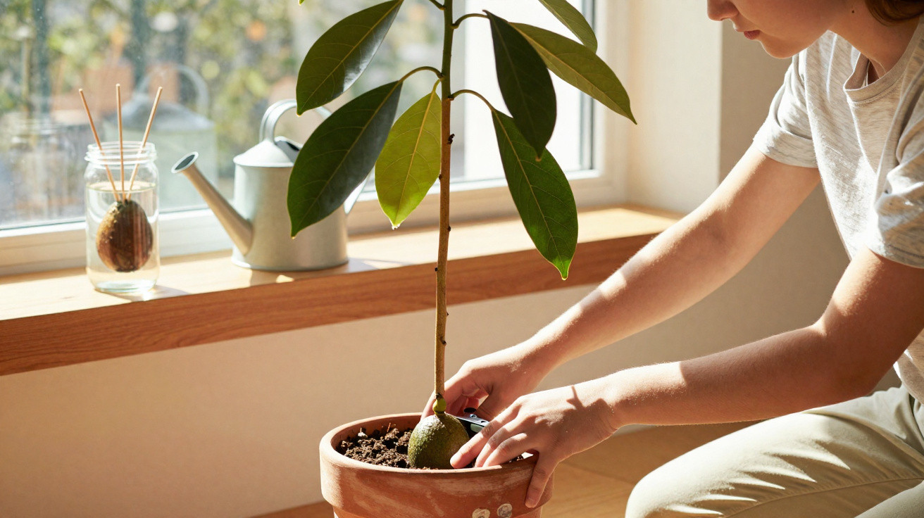 Pessoa cuidando de planta em vaso de barro próxima a janela iluminada pela luz natural.