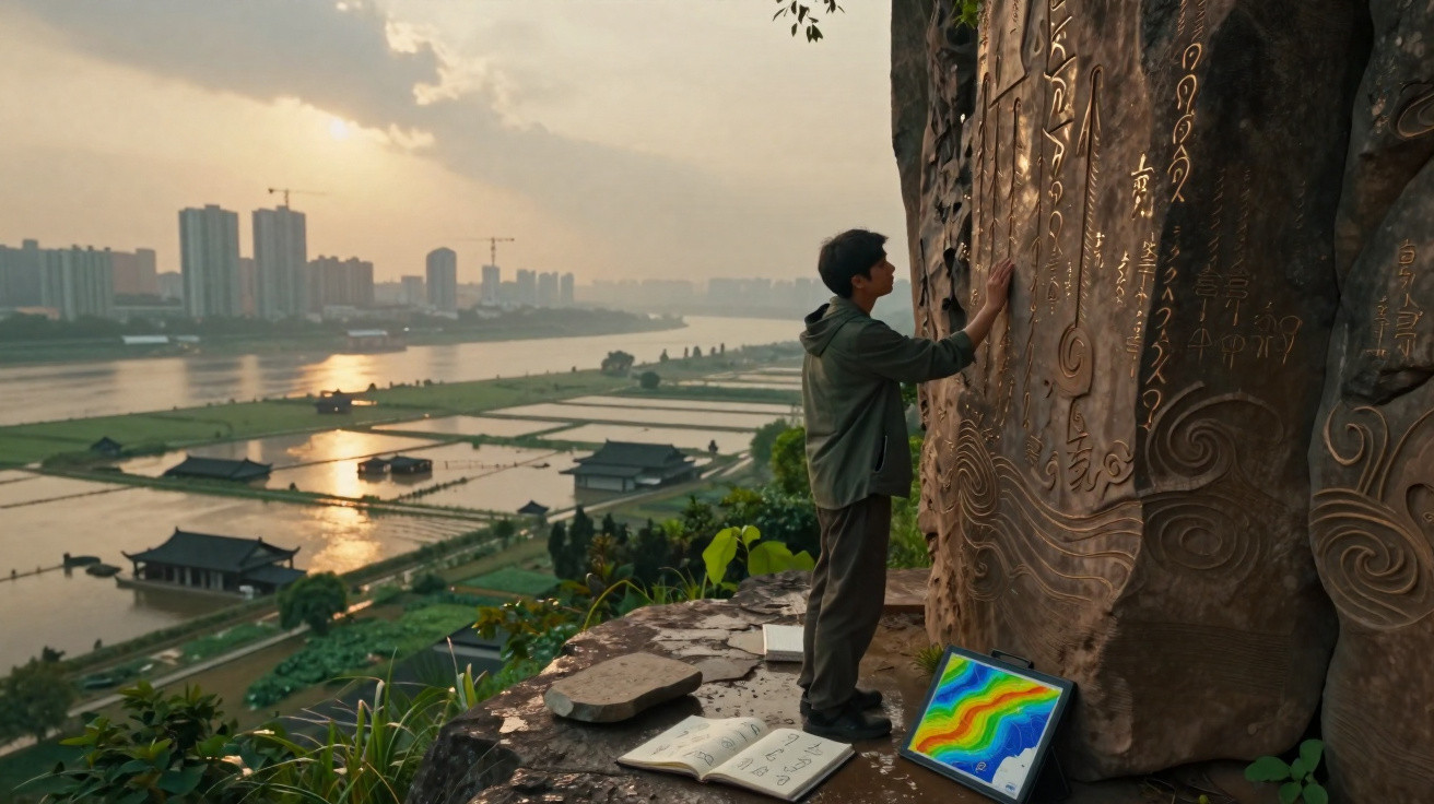Homem observando inscrições antigas em pedra com livros e tablet em penhasco, vista da cidade ao fundo.