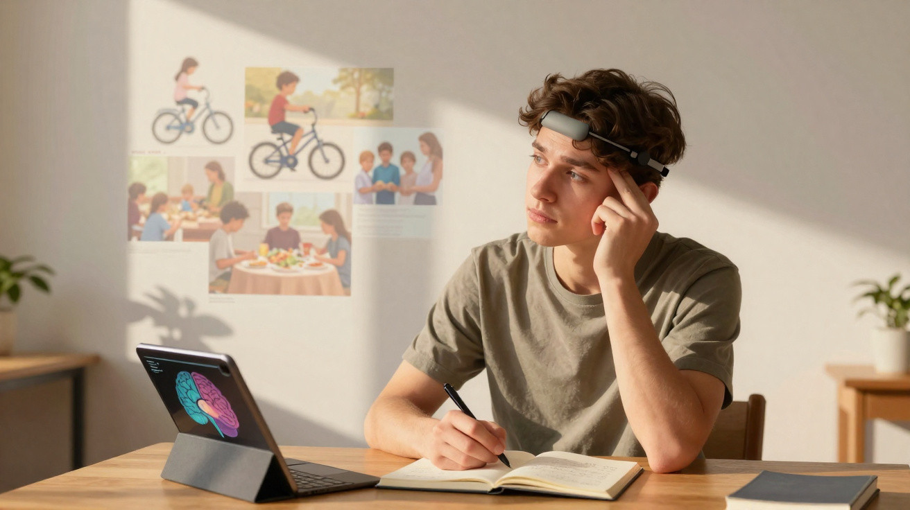 Jovem usando headset cerebral, estudando com tablet e caderno em mesa iluminada por luz natural.