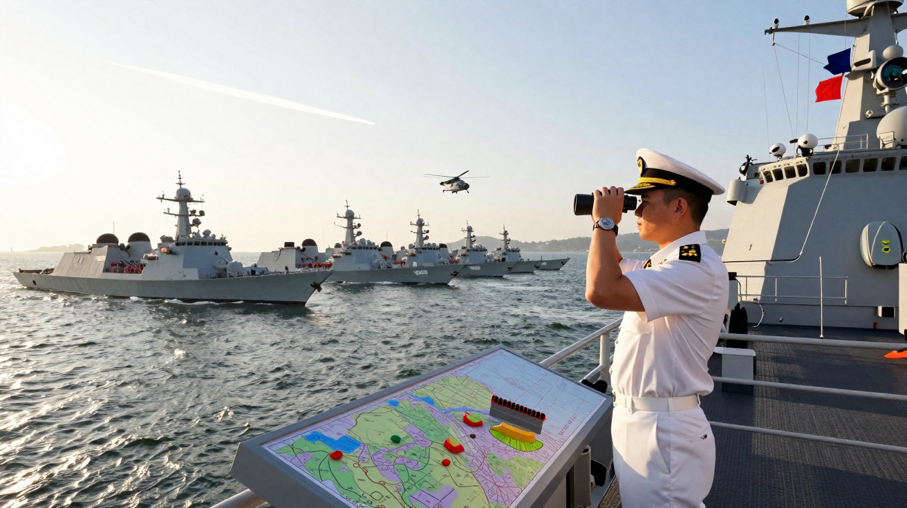 Oficial naval usando binóculos em navio, observando esquadrão de navios de guerra e helicóptero no mar ao pôr do sol.