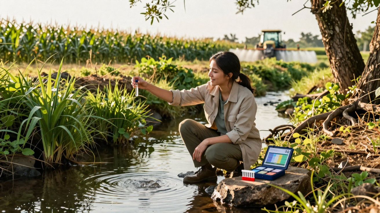 Mulher coleta amostra de água em córrego próximo a plantação, analisando qualidade ambiental com equipamento portátil.