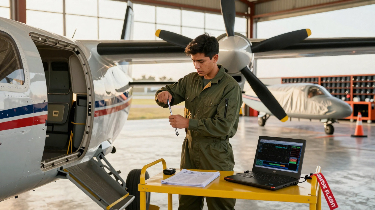 Técnico em macacão verde faz manutenção em avião pequeno dentro de hangar com laptop e documentos.