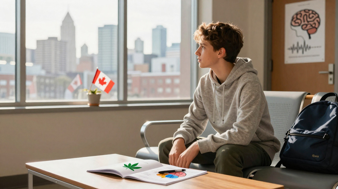 Jovem sentado em sala de espera olhando para janela com bandeira do Canadá e livro aberto na mesa.
