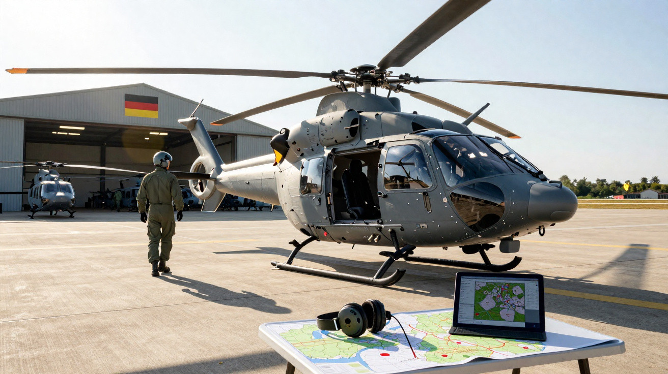 Helicóptero militar cinza estacionado em base aérea com piloto e mesa contendo mapa, tablet e fones.