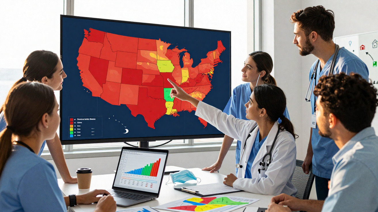 Equipe médica analisando mapa de calor dos Estados Unidos em reunião, com laptop e gráficos na mesa.