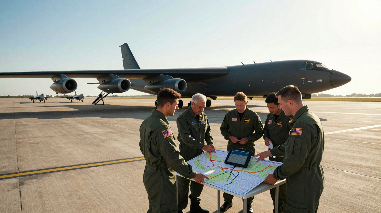 Cinco militares vestidos com uniforme verde consultam mapa e tablet em pista com avião militar ao fundo.