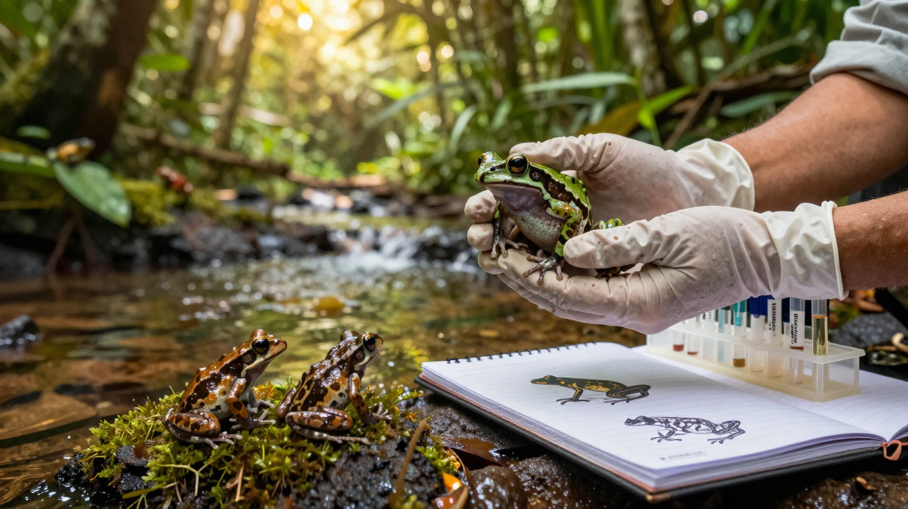Pesquisador de luvas segurando sapo perto de caderno com desenhos e samples em riacho na floresta.
