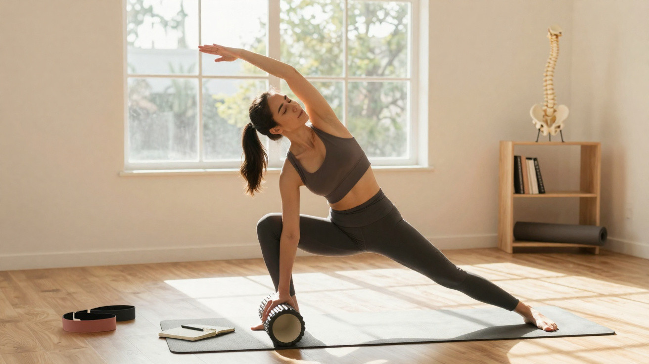 Mulher praticando yoga com acessórios em ambiente iluminado próximo a janela ampla.
