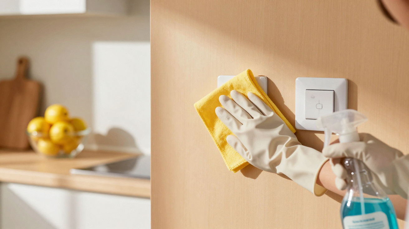 Pessoa com luvas de borracha limpando interruptor de luz com pano amarelo e spray azul em cozinha.