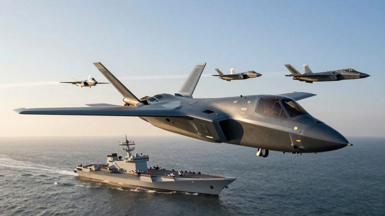Formação de quatro caças militares sobrevoando um porta-aviões no mar ao entardecer.