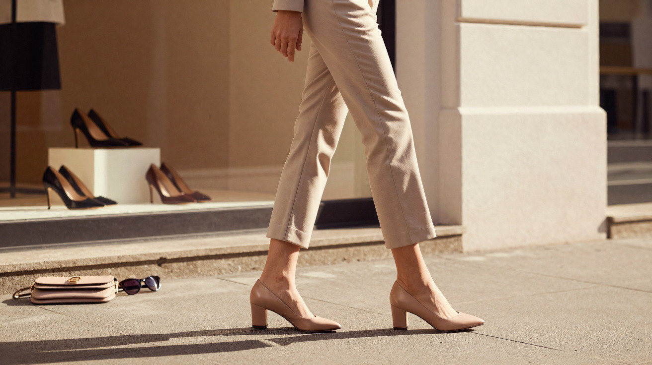 Pessoa caminhando de sapatos de salto médio nude em calçada ao lado de vitrine de calçados femininos.
