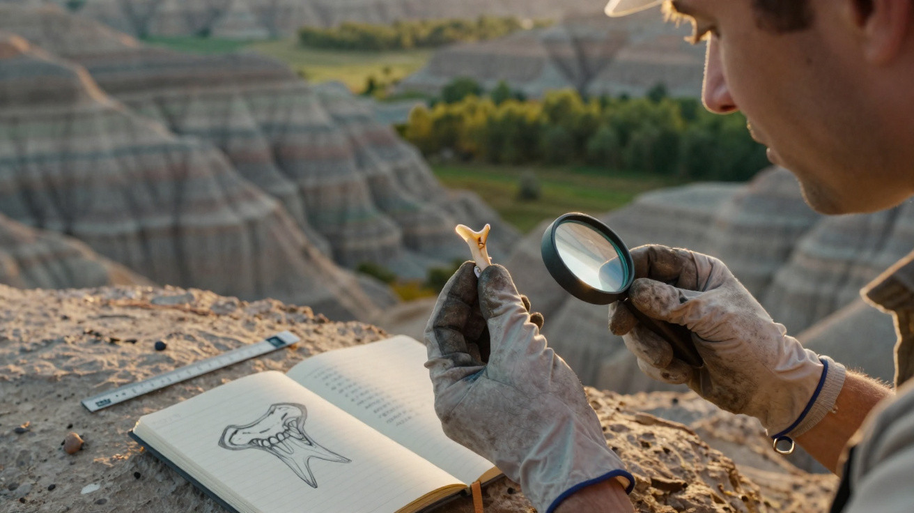 Arqueólogo analisando fóssil com lupa, esboço de dente em caderno aberto, paisagem rochosa ao fundo.