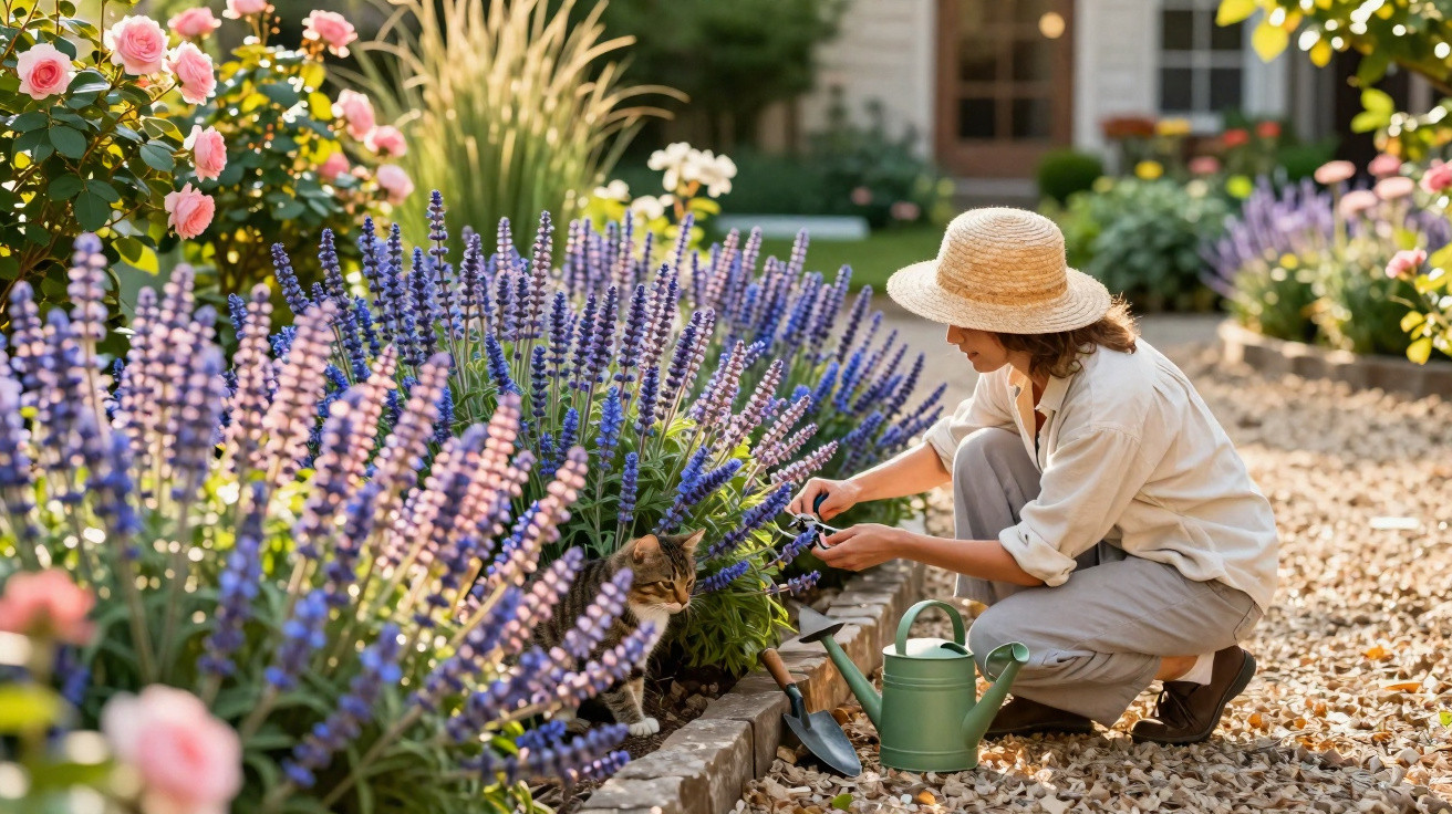 Mulher com chapéu cuidando de flores roxas no jardim, com regador e gato ao lado.