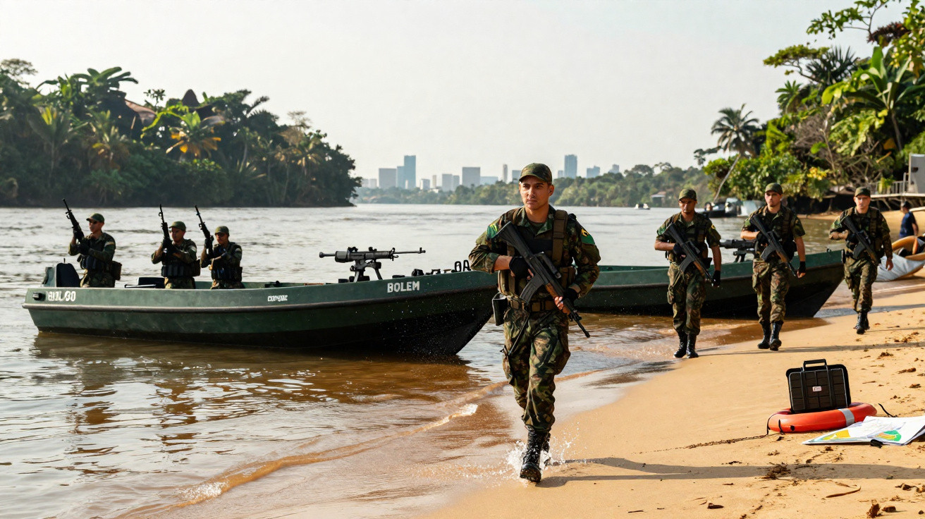 Soldados desembarcando de barco em rio, com armas, na margem de praia com mata ao fundo.