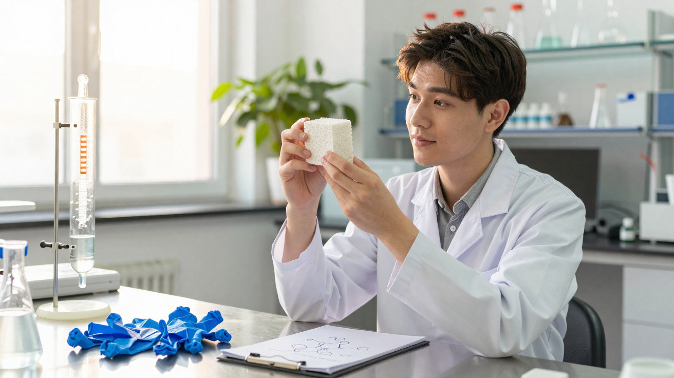 Pesquisador em laboratório observa um material branco poroso enquanto está sentado à mesa.