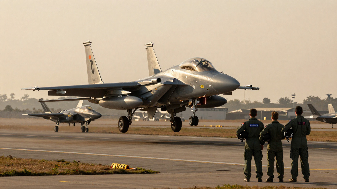 Avião militar decolando enquanto três pilotos observam em pista de aeródromo ao entardecer.