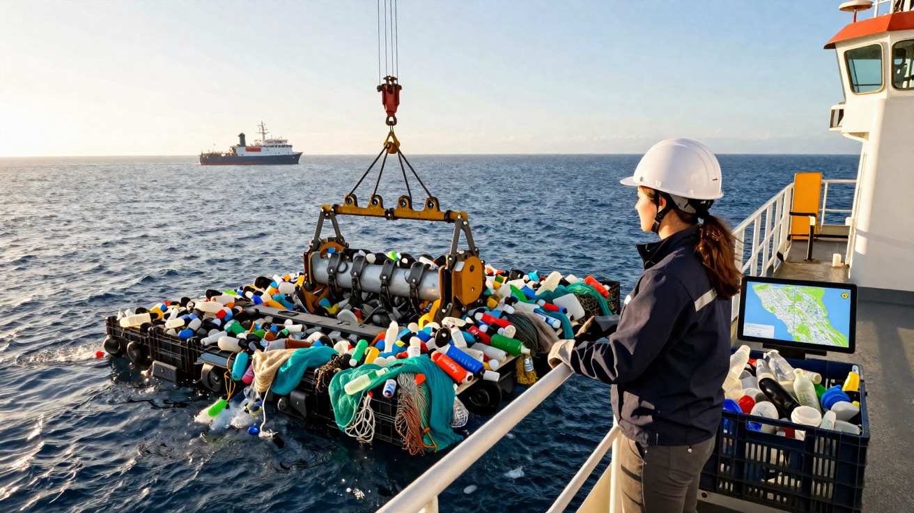 Mulher com capacete observa equipamento coletando lixo plástico do oceano em barco durante o dia.