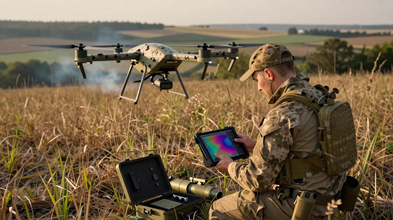 Soldado em uniforme camuflado operando drone com tablet em campo aberto de vegetação seca.