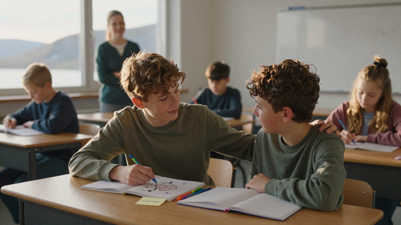 Dois estudantes sentados juntos na sala de aula, um consola o outro enquanto desenha no caderno.