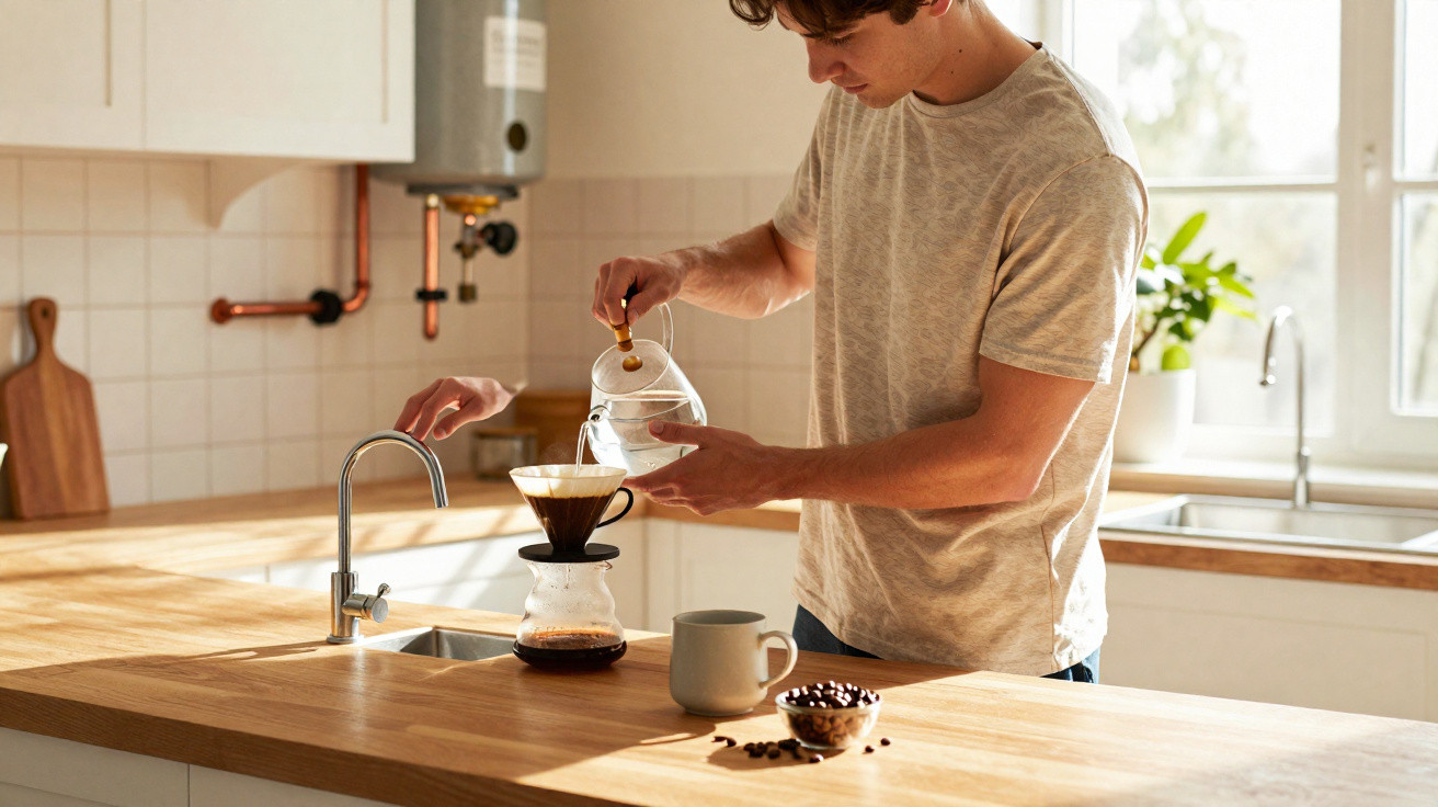 Jovem preparando café coado em cozinha moderna com luz natural entrando pela janela.