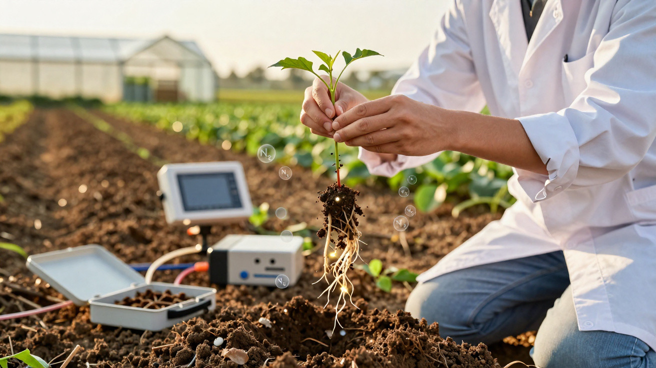 Pessoa de jaleco analisando a raiz de uma muda em campo com equipamentos agrícolas digitais ao fundo.