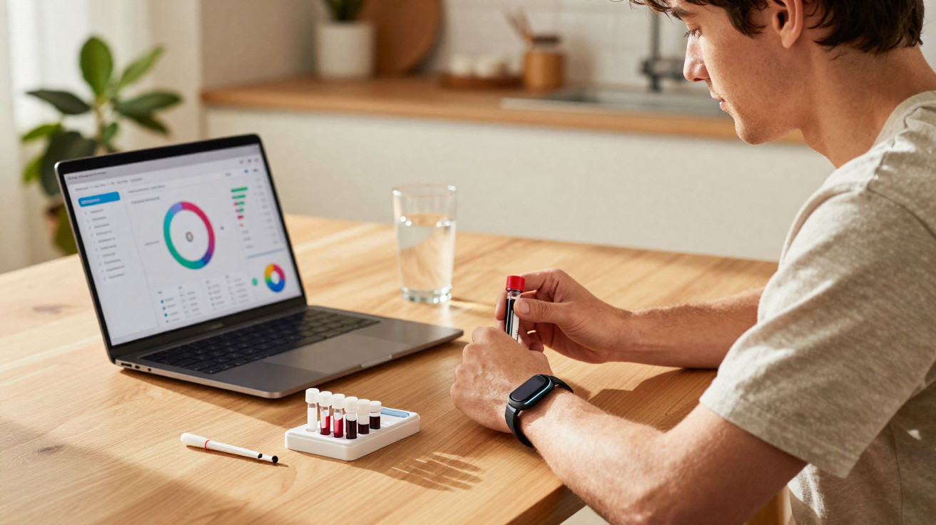 Homem analisando amostras de sangue em tubos na mesa com laptop e gráfico aberto.